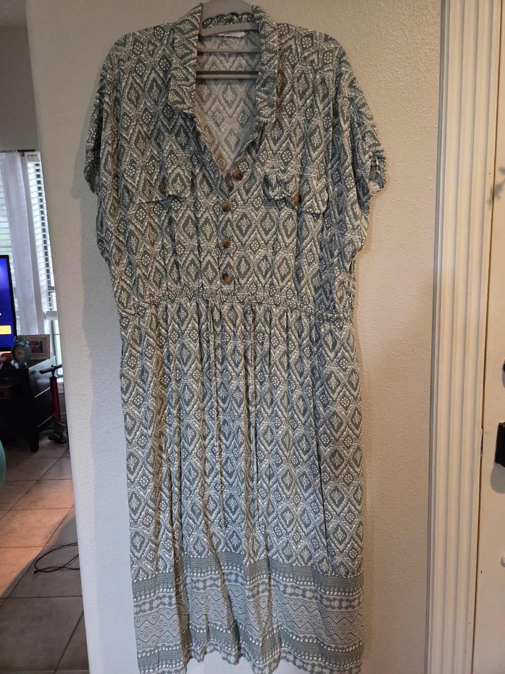 Lucky Brand Sage Green Patterned Elastic Drawstring Midi Dress 2X
